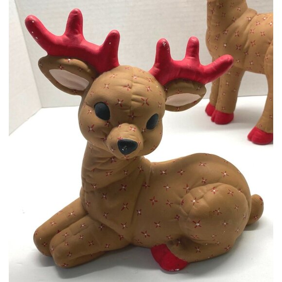 Vintage Kimple Mold Christmas Ceramic Reindeer Figurines Quilted Hand Painted - Picture 2 of 13